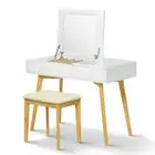 White Dressing Desk Chair Set Mirror Makeup Table with Drawer Stool Minimalist