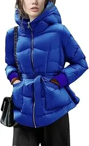 [Generic] Women Hooded Down Jacket With Belt Warm Thickened White Duck Down Padding Puffer Coat
