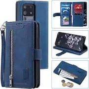 [UEEBAI] Wallet Case for Samsung Galaxy S21 Ultra 5G, Retro 9 Card Holder Slots Zipper Pocket PU Leather Handbag Cover Magnetic Closure Kickstand with Wrist Strap TPU Shockproof Flip Case - Blue