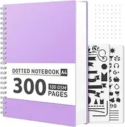 AHGXG Bullet Dotted Journal Spiral Notebook - Large A4 Dotted Notebook 8.5''×11'', 300 Pages Dot Grid Notebook, 100gsm Thick Paper, Plastic Hardcover, with Journal Stencils - Purple