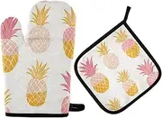 Quteprint Colorful Pineapple Pattern Heat Resistant Oven Mitts and Pot Holders Set - 500F Thick Quilted Cotton Kitchen Gloves with Non-Slip Grip for Cooking, Baking, Grilling & BBQ