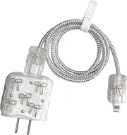 Cute Bow Pearls Charger Protective, Fast Charger Case for iPhone Fast Charger 18W/20W USB-C Power Adapter and Lightning Cable, Data Cable Protector-Sliver