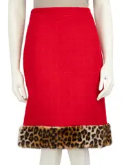Red Wool Leopard Faux Fur Trim Skirt