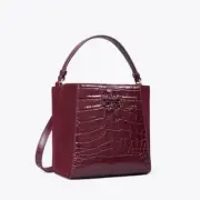 New Tory Burch McGraw Croc Embossed Leather Small Bucket Bag Beetle Berry / 500