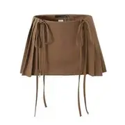 Low Waist Plain Pleated Drawstring Mini A-Line Skirt Coffee - M