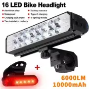 Bicycle Head&Tail Light Set MTB Bike Front Lamp USB Rechargeable 16LED 10000mAh
