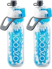 O2COOL Mist 'N Sip Misting Water Bottle 2-in-1 Mist And Sip Function With No Leak Pull Top Spout Sports Water Bottle Reusable Water Bottle - 20 oz (2 Pack Splash Blue)