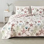 Full / Queen Coastal Quilt Bedding Set, Summer Coastal Quilt with Shams, Beach 3-Piece Reversible All Season Bedspread Quilt Set. Lightweight Nautical Quilted Coverlet. Castaway Collection, Multi