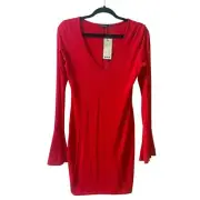Boohoo Bodycon Dress Womens Size 8 Red Nia Micro Mini Plunge Flare Sleeve NWT