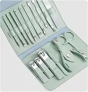 16pcs Manicure Set With PU Leather Case Nail Clippers Kit Pedicure Care Tools Nail Care Scissors Clippers Trimmer Nail Art Tools,New Green