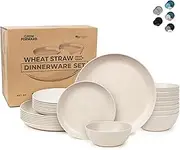 Grow Forward 24-Piece Premium Wheat Straw Dinnerware Sets for 8 - Unbreakable Dishwasher & Microwave Safe Plastic Plates and Bowls Sets - Patio, Outdoors, RV, Camping Dishes - Sahara