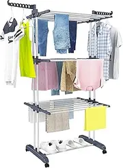 HOMIDEC Clothes Drying Rack, Oversized 4-Tier(67.7" High) Foldable Stainless Steel Drying Rack Clothing, Movable Drying Rack with 4 castors, 24 Drying Poles & 14 Hooks for Bed Linen, Clothing, Grey