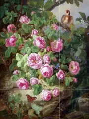 Still life large rose with butterflies and birds Tile Mural Kitchen Backsplash