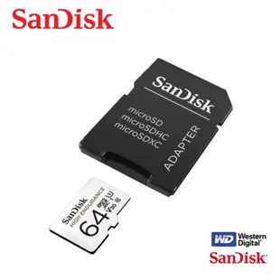 【SanDisk 晟碟】64GB 家用/行車安全監控記錄專用 4K U3 記憶卡附贈轉卡(連續紀錄5000小時 原廠2年保固)