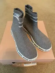 New sz 8 / 38 Miu Miu Grey Silver Glitter Logo Sock Slip On Sneaker Boot Shoes