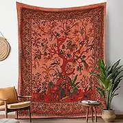 Craft Trade Boho Tapestry Asthetic Hippie Bohemian Wall Hanging Orange Tree of Life Tapestries for Bedroom Indian Floral Design Cotton Bedspread Picnic Sheet Wall Art Decor 50x60 Inches(127x152 cm)