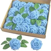 Artificial Rose, 25pcs Foam Artificial Flowers with Stem for Home Aqua Blue