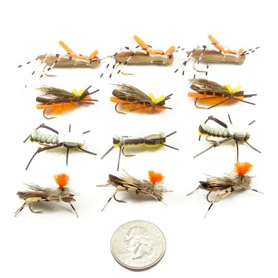 Foam Body Grasshopper Trout Fly Assortment - 12 Fly Fishing Flies - 4 Patterns