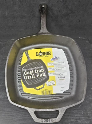 Lodge USA Cast Iron Grill Pan Skillet 10.5” Large Square Griddle 8SGP Seasoned