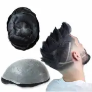 Mens Toupee Human Hair Replacement System Invisible Knots Thin Skin Hairpiece #1