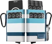 [VULKIT] Slim Wallet for Men and Women, Pop up Credit Card Holder Metal Case RFID Blocking with Keychain and Elastic Pocket Stripe Blue White