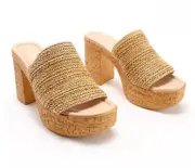 New Seychelles Applause Woven Cork Slip On Wedge Platform Sandals Tan Size 10M