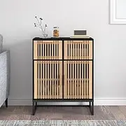 Black Sideboard Cabinet with Wooden Doors and Drawers, 60x30x75 cm Engineered Wood Storage Cabinet with Iron Legs, Ample Shelving Space for Home Organization, Durable and Moisture-Resistant Design