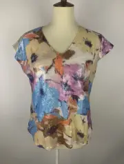 New Elie Tahari Blouse Top Size Floral Print Sequin Multicolor Short Cup Sleeved