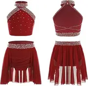 [Fldy] Kids Girls Sparkly Rhinestones Dance Outfit Ballet Lyrical Dance Costume Sleeveless Top with Skirts Set