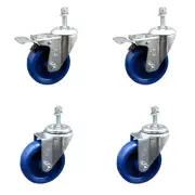 4 Inch SS Solid Poly 3/8 Inch Threaded Stem Caster Set 2 Total Lock Brake SCC