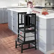 Cosyland Height adjustable toddler kitchen step stool - kitchen learning helper standing tower for kitchen counter bathroom nursery black, CS0085-3-UK