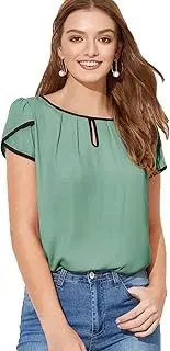 [Milumia] Women's Casual Round Neck Basic Pleated Top Cap Sleeve Curved Keyhole Back Blouse