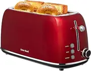 Roter Mond Stainless Steel Retro Toaster with 4 Slices, Bagel Function, Cancellation & Defrost Function, 6 Bread Tone Settings, Bread Maker, Extra Wide Long Slits