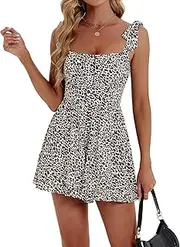 [CECEVE] Womens Rompers for Summer Floral Wide Leg Short Romper Dress with Pockets, Leopard-3, Small