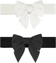 [Elerevyo] Women's 2Pcs Elastic Wide Belt Dress Bowknot Waistband Decoration Fashion Versatile Belts Black+Milky White 70x5.8cm/27.6x2.3"