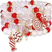 Candy Cane Charm Stretch Beaded Bracelet - Novelty Christmas Holiday Winter Party Peppermint Stackable Bracelets Set Red White Candy Cane Birthday Stocking Suffer Gifts