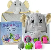 Tickle & Main, Baby Gift Set- Rub A Dub, Who’s in My Tub - 5 Piece Bath Set Includes Elephant Hooded Towel, 3 Jungle Safari Squirt Toys, and Book. Adorable for Boys and Girls!