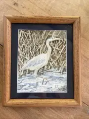 Original Framed Watercolor Heron Navy Mat 7.5x9” Wood Frame With Glass