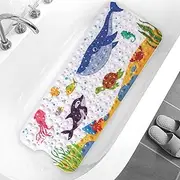 Shower Mat Bathtub Mat Non Slip, Extra Long Bath Mat for Tub with Drain Holes and Suction Cups, Machine Washable Wet Floor Non-Slip Elderly Kids Pregnant Women Bathroom 39 x 15 Inches (Blue Whale)