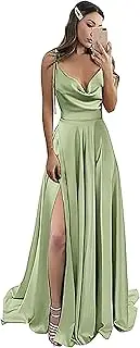 [MisShow] Long Satin Prom Dress Spaghetti Straps Bridesmaid Dresses for Women Evening Formal Gowns