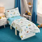 Brandream Boys Toddler Bedding Set Construction Truck Toddler Bed Comforter Sheet Set and Pillowcases, Ultra Cozy Pure Cotton 4Pcs Colorful Blue White