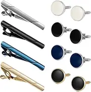 [KUHBDIE] Men's Business Tie Clip Cufflink Set French Drop Round Cuff Pin Tie Clip