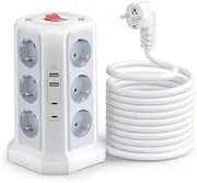 HAFINO Power Strip, 12-Way Multiple Socket with 4 USB 4000 W/16 A Socket Tower, Multiple Plug with 2 Switches for Office, Kitchen, Home, 2 m Cable (Grey & White)