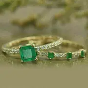 1.80Ct Princess Cut Simulated Emerald Bridal Ring 925 Silver Gold Plated