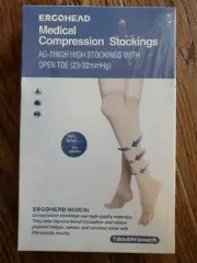 Ergohead Women's Socks Compression Thigh High Stockings Beige Med Open Toe 23-32