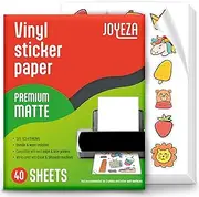 JOYEZA Premium Printable Vinyl Sticker Paper for Inkjet Printer - 40 Sheets Matte White Waterproof, Dries Quickly Vivid Colors, Holds Ink Well- Tear Resistant - Inkjet & Laser Printer