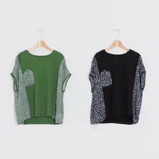 【MOSS CLUB】幾何形狀異材布料剪接-女短袖上衣 幾何 黑 綠(二色/魅力商品/版型適中)