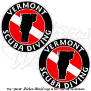 VERMONT SCUBA DIVING Flag-Map Shape USA Circular Vinyl Stickers, Decals 75mm x2