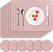 APLKER Vinyl Placemats Set of 6, Waterproof Faux Leather Heat Resistant Kitchen Place Mats, Wipeable Dining Table Place Mats and Coasters for Kitchen, Dining, Decor, Outdoor (Pink)