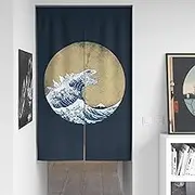 Spanker Space Japanese Noren Navy Blue Cool Funny Anime Kraken Hokusai Great Waves Asian Drape Split Doorway Curtain, Hallway Closet Privacy Partition Divider Kitchen Door Décor, 34"x60"